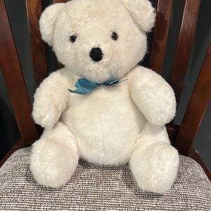 Plush White Teddy Bear with Blue Bow- Dakin Bear